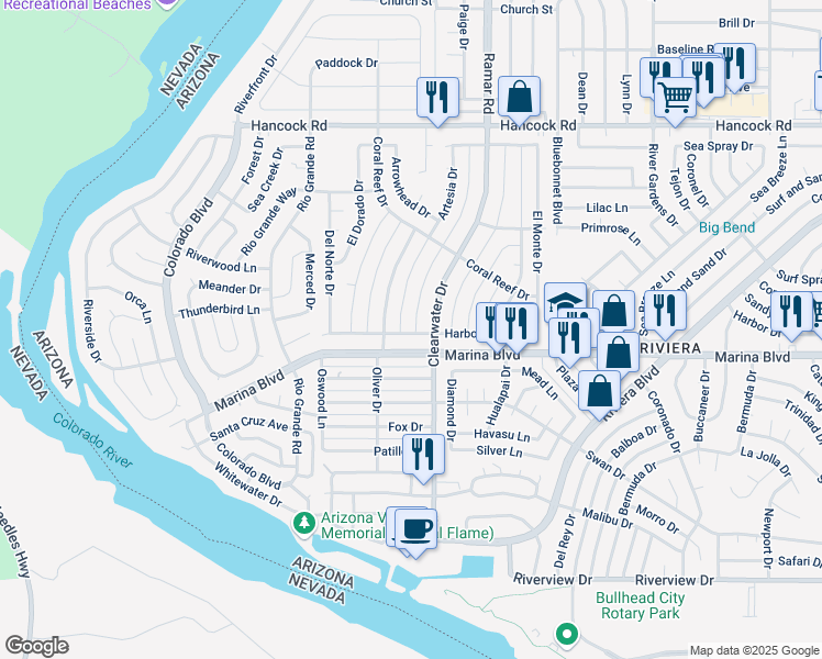 map of restaurants, bars, coffee shops, grocery stores, and more near 475 Harbor Drive in Bullhead City