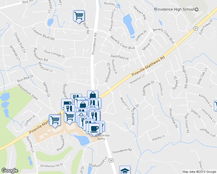 map of restaurants, bars, coffee shops, grocery stores, and more near 7805 Arboretum Drive in Charlotte