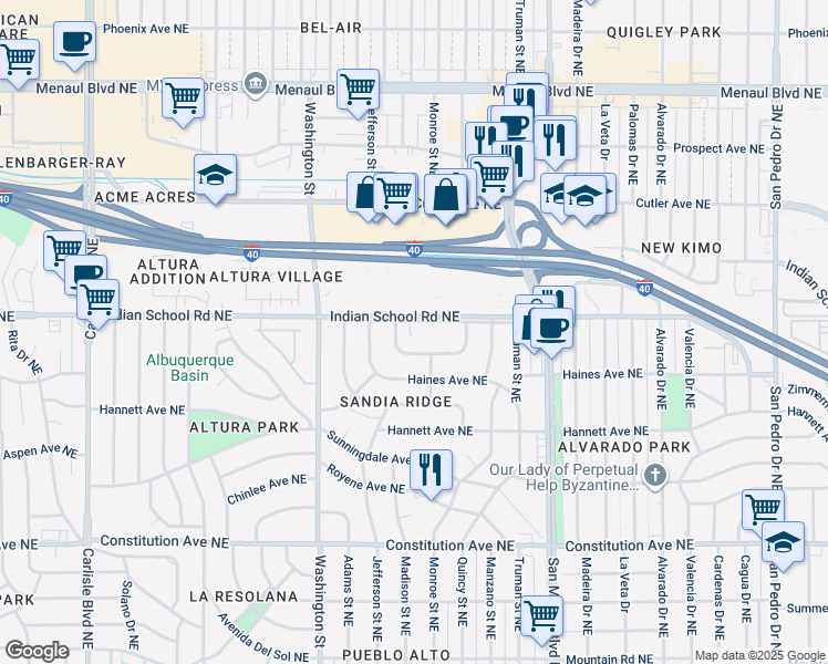 map of restaurants, bars, coffee shops, grocery stores, and more near 4710 Indian School Road Northeast in Albuquerque