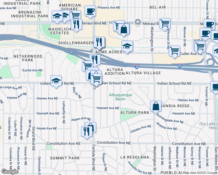 map of restaurants, bars, coffee shops, grocery stores, and more near 1830 Solano Drive Northeast in Albuquerque
