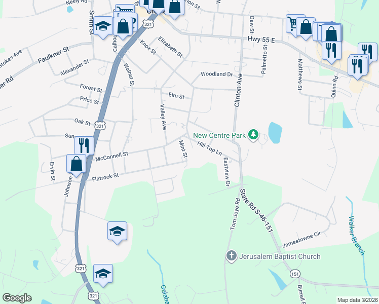 map of restaurants, bars, coffee shops, grocery stores, and more near 105 White Street in Clover
