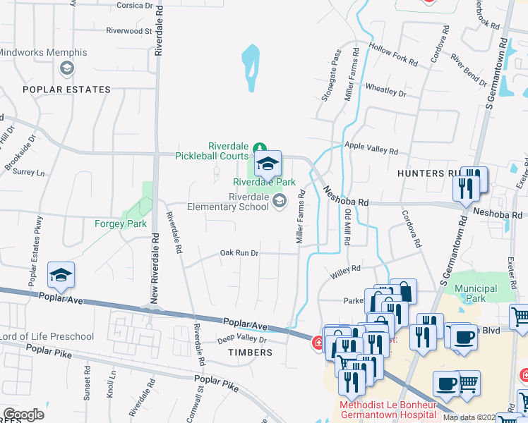 map of restaurants, bars, coffee shops, grocery stores, and more near 7391 Neshoba Road in Germantown