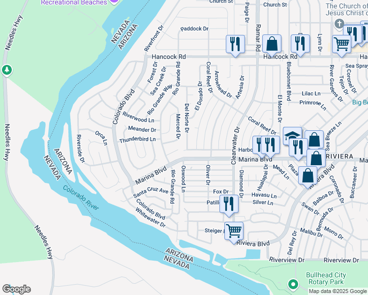 map of restaurants, bars, coffee shops, grocery stores, and more near 385 Harbor Drive in Bullhead City