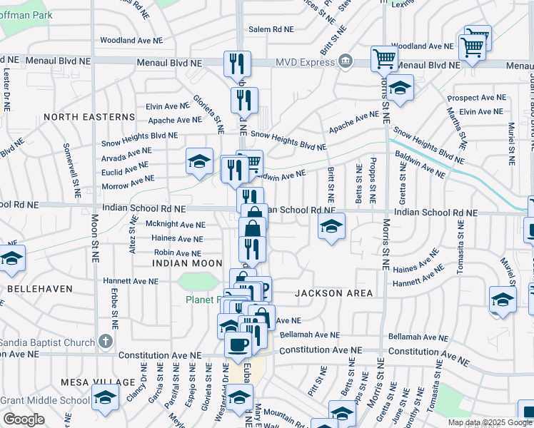 map of restaurants, bars, coffee shops, grocery stores, and more near 1733 Mary Ellen Street in Albuquerque