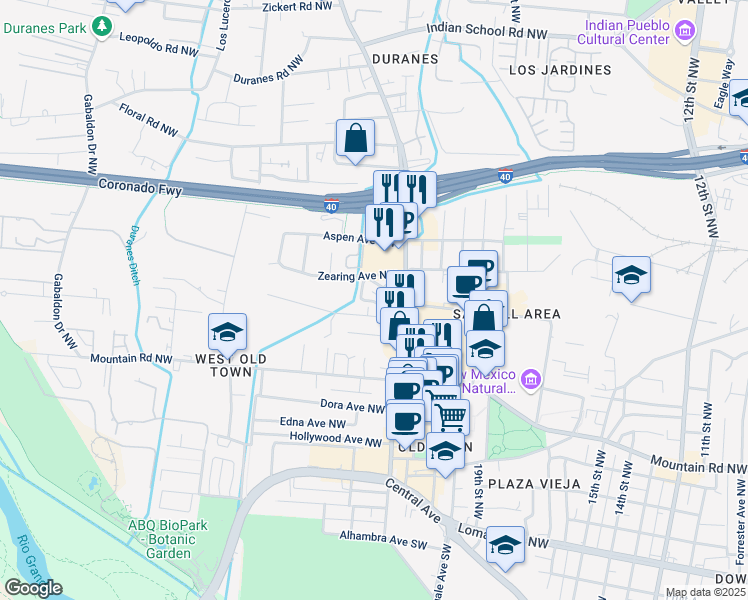 map of restaurants, bars, coffee shops, grocery stores, and more near 856 Southeast Circle Northwest in Albuquerque