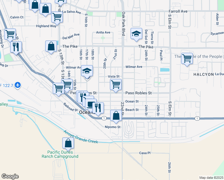 map of restaurants, bars, coffee shops, grocery stores, and more near 1675 21st Street in Oceano