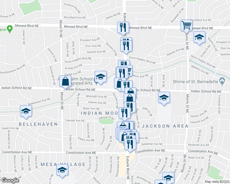 map of restaurants, bars, coffee shops, grocery stores, and more near 1818 Glorieta Street Northeast in Albuquerque