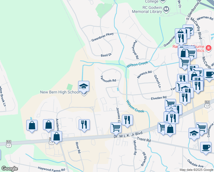 map of restaurants, bars, coffee shops, grocery stores, and more near 702 Jimmies Creek Drive in New Bern
