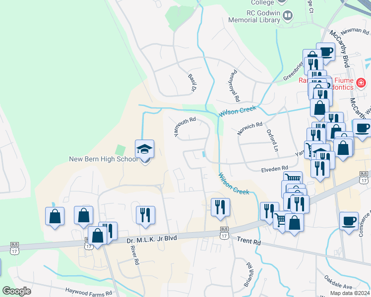 map of restaurants, bars, coffee shops, grocery stores, and more near 702 Jimmies Creek Drive in New Bern