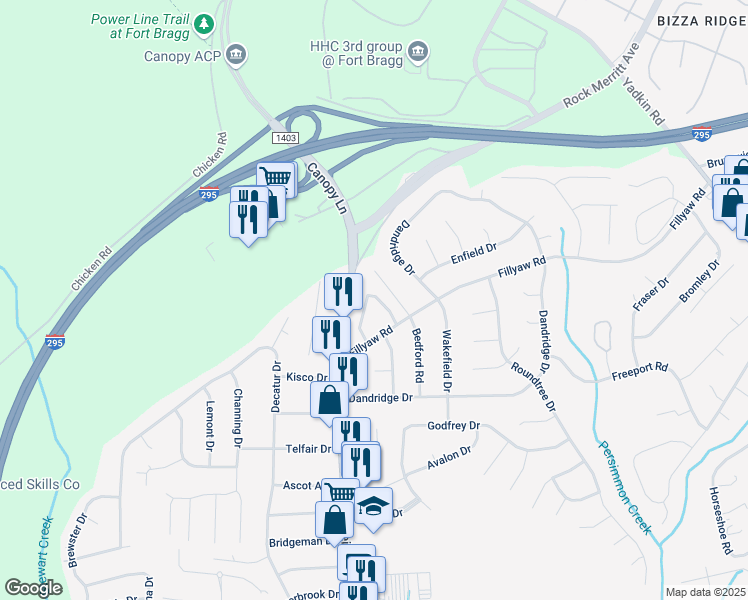 map of restaurants, bars, coffee shops, grocery stores, and more near 845 Applewood Lane in Fayetteville