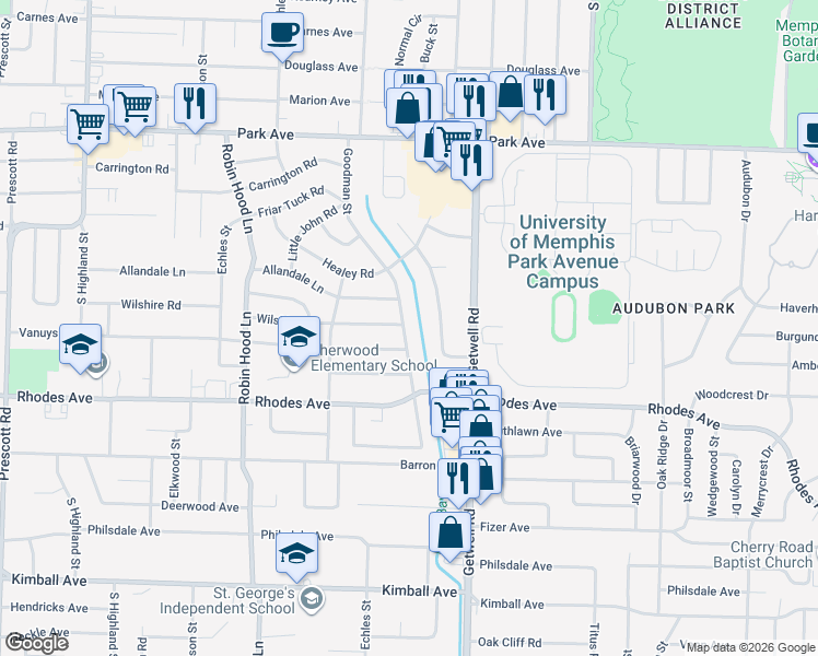 map of restaurants, bars, coffee shops, grocery stores, and more near 1109 Goodman Street in Memphis
