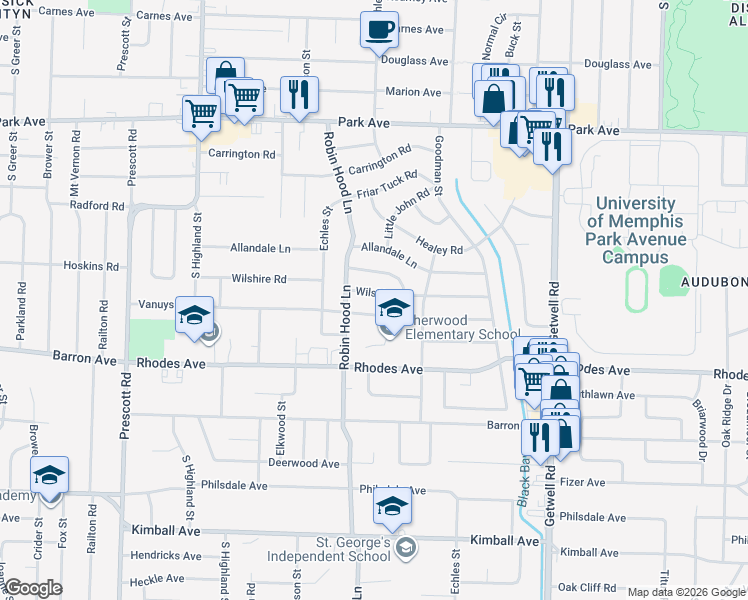 map of restaurants, bars, coffee shops, grocery stores, and more near 3719 Wilshire Road in Memphis
