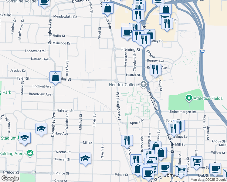 map of restaurants, bars, coffee shops, grocery stores, and more near 1616 Clifton Street in Conway