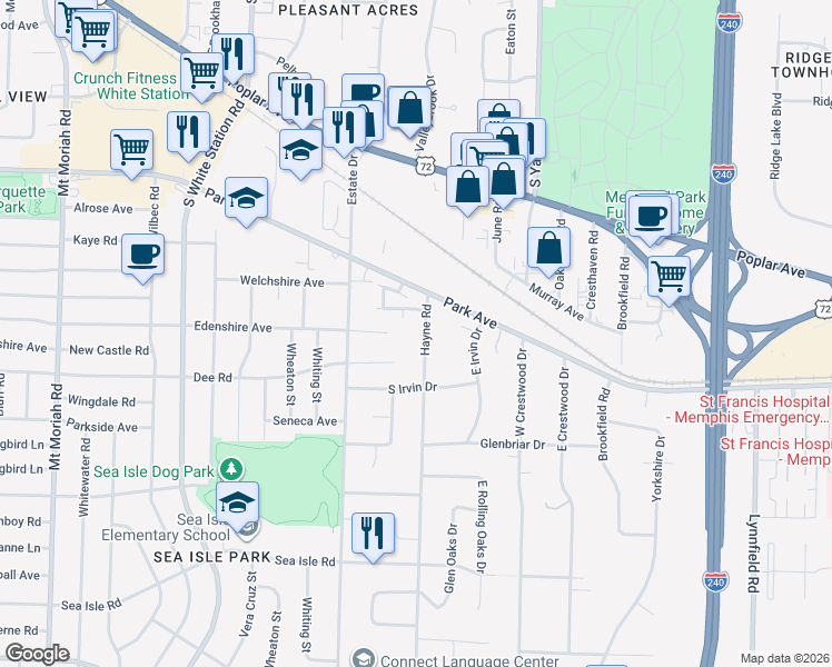 map of restaurants, bars, coffee shops, grocery stores, and more near 1105 Hayne Road in Memphis