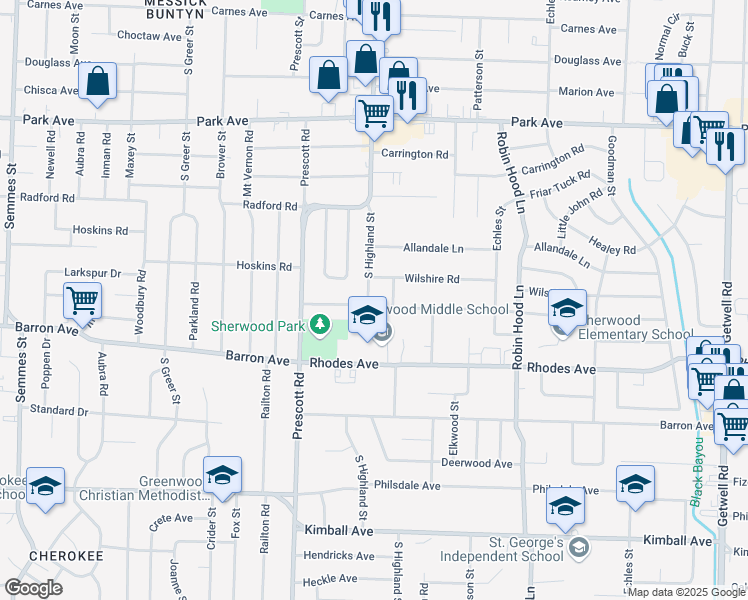 map of restaurants, bars, coffee shops, grocery stores, and more near 3500 Vanuys Road in Memphis
