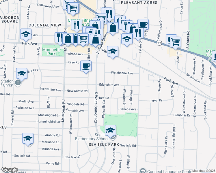 map of restaurants, bars, coffee shops, grocery stores, and more near 5185 Edenshire Avenue in Memphis