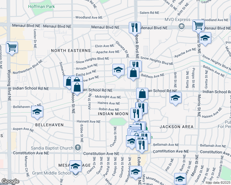 map of restaurants, bars, coffee shops, grocery stores, and more near 9724 Indian School Road Northeast in Albuquerque