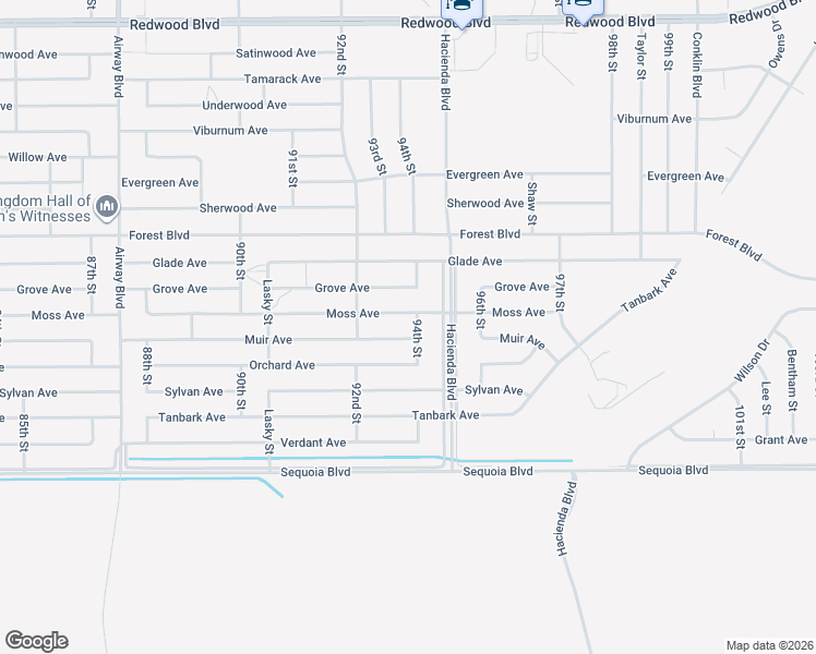 map of restaurants, bars, coffee shops, grocery stores, and more near 94th Street in California City