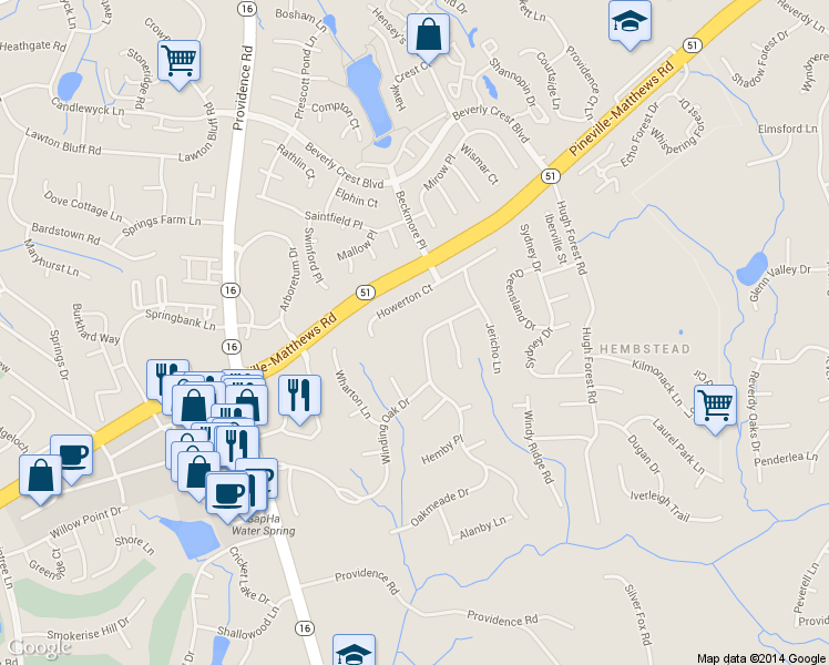 map of restaurants, bars, coffee shops, grocery stores, and more near 2300 Oakmeade Drive in Charlotte