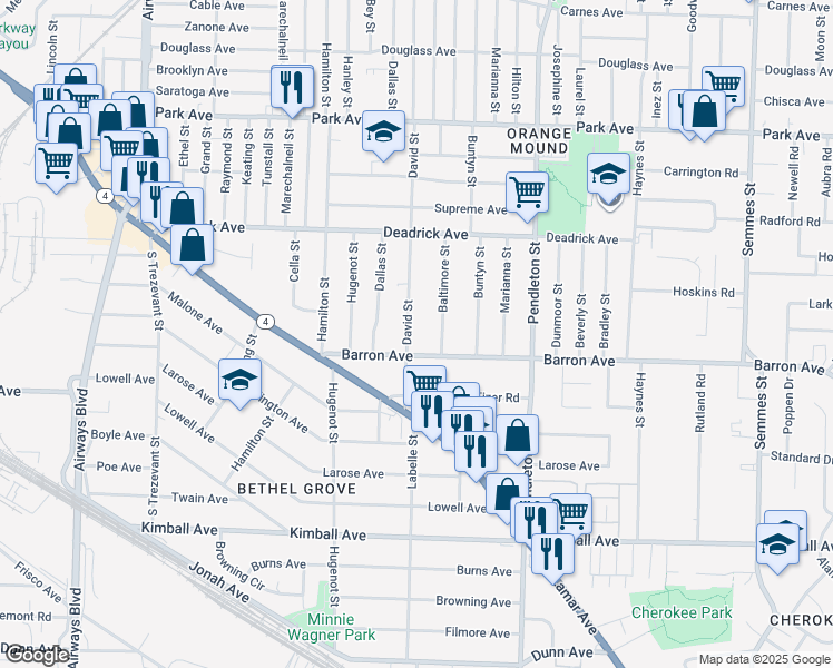 map of restaurants, bars, coffee shops, grocery stores, and more near 1600 David Street in Memphis