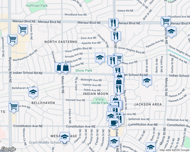 map of restaurants, bars, coffee shops, grocery stores, and more near 9724 Indian School Road Northeast in Albuquerque