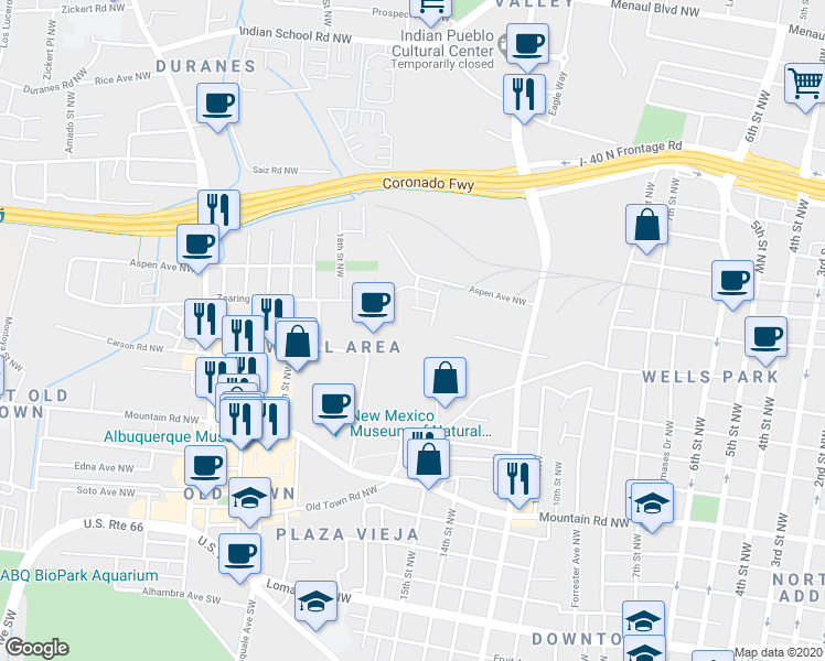 map of restaurants, bars, coffee shops, grocery stores, and more near 1400 Lumberton Drive Northwest in Albuquerque