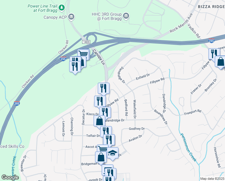 map of restaurants, bars, coffee shops, grocery stores, and more near 845 Applewood Lane in Fayetteville