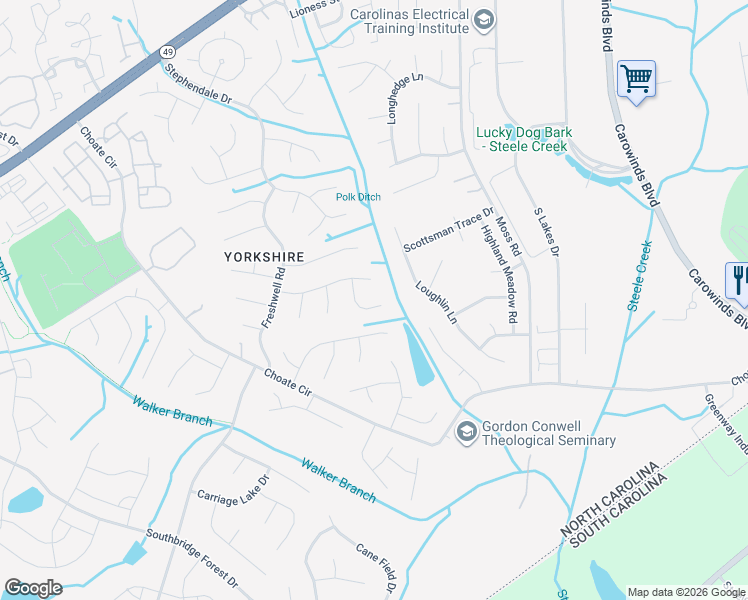 map of restaurants, bars, coffee shops, grocery stores, and more near 12419 Jacquelyn Court in Charlotte