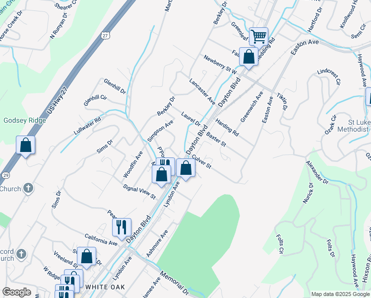 map of restaurants, bars, coffee shops, grocery stores, and more near 2801 Dayton Boulevard in Chattanooga