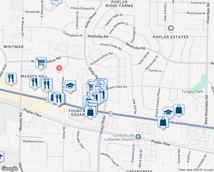 map of restaurants, bars, coffee shops, grocery stores, and more near 1717 Ridge Oak Place in Memphis