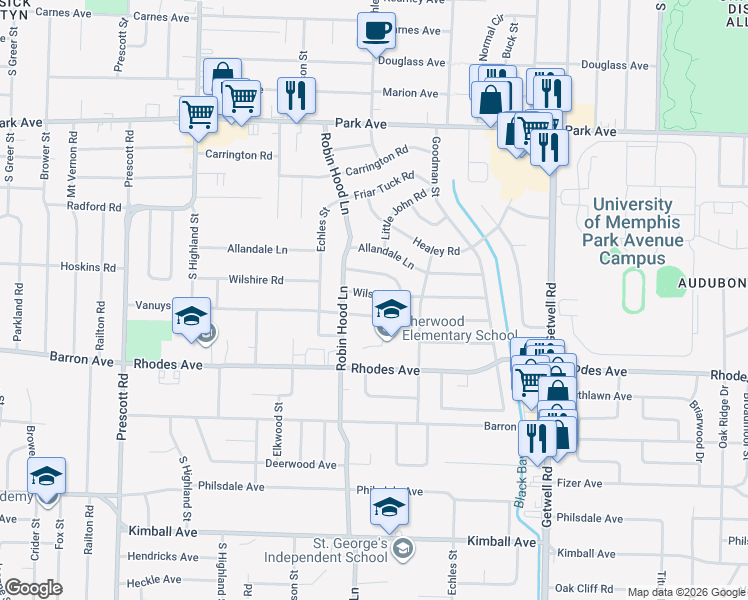 map of restaurants, bars, coffee shops, grocery stores, and more near 3719 Wilshire Road in Memphis