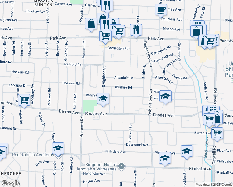 map of restaurants, bars, coffee shops, grocery stores, and more near 3544 Vanuys Road in Memphis