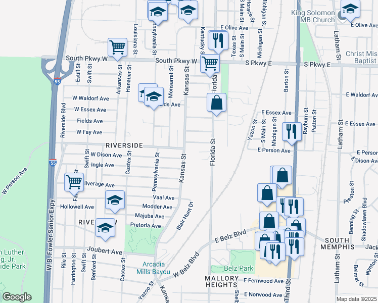 map of restaurants, bars, coffee shops, grocery stores, and more near 1686 Kansas Street in Memphis
