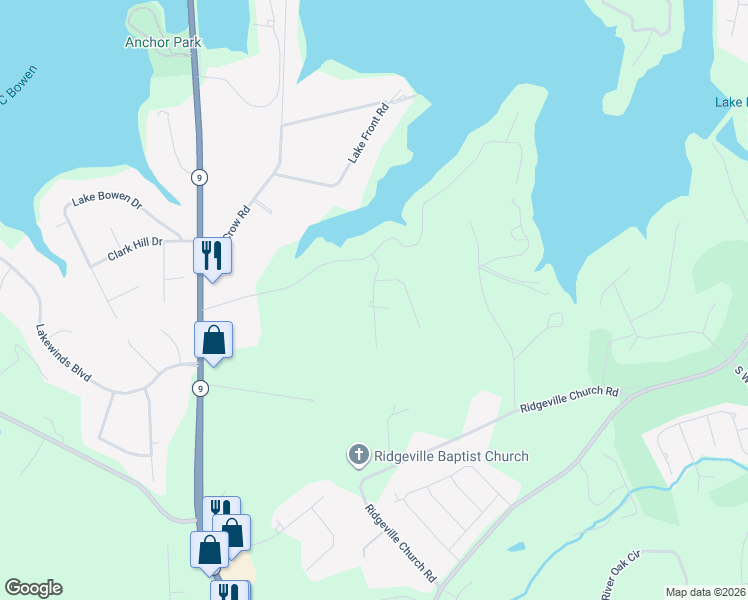 map of restaurants, bars, coffee shops, grocery stores, and more near 433 Flowerwood Lane in Inman