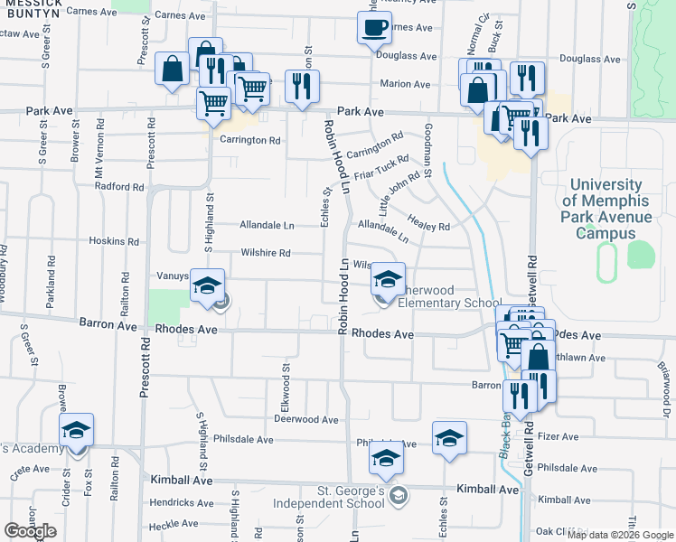 map of restaurants, bars, coffee shops, grocery stores, and more near 1111 Robin Hood Lane in Memphis