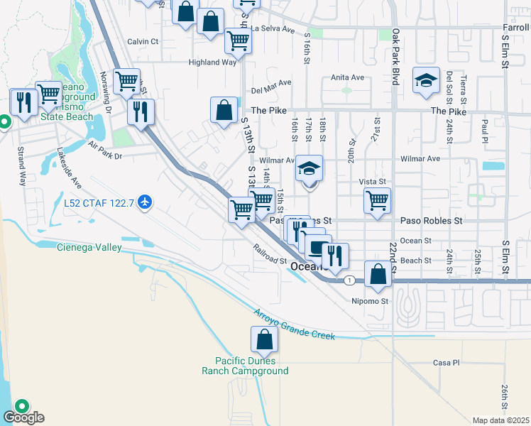 map of restaurants, bars, coffee shops, grocery stores, and more near 1391 Paso Robles Street in Oceano