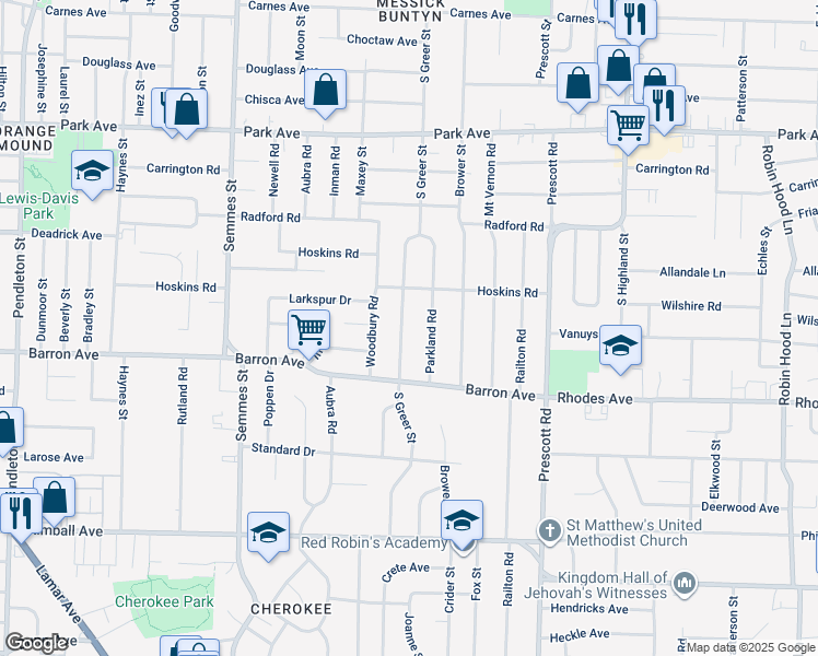 map of restaurants, bars, coffee shops, grocery stores, and more near 1107 South Greer Street in Memphis