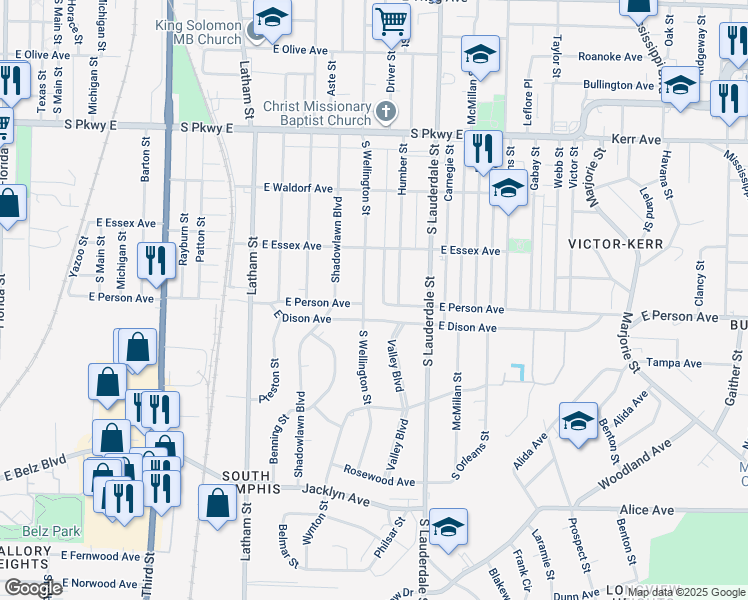 map of restaurants, bars, coffee shops, grocery stores, and more near 1670 South Wellington Street in Memphis