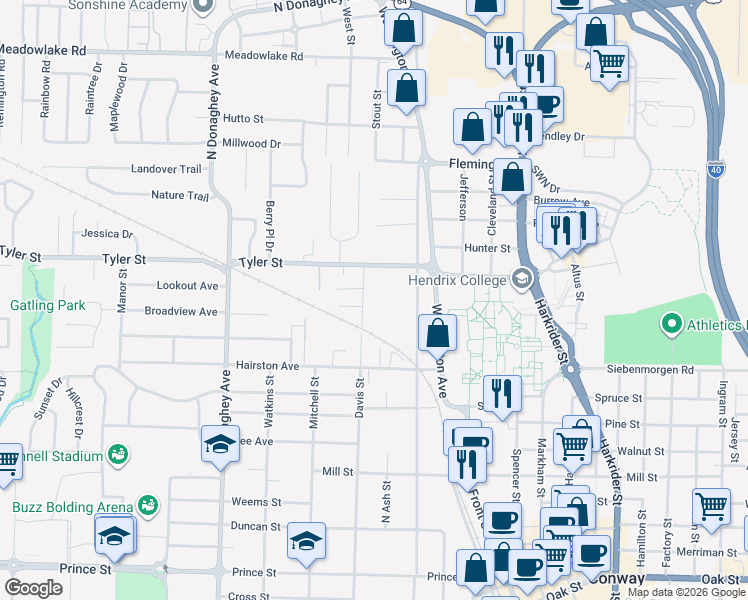 map of restaurants, bars, coffee shops, grocery stores, and more near 1605 Clifton Street in Conway