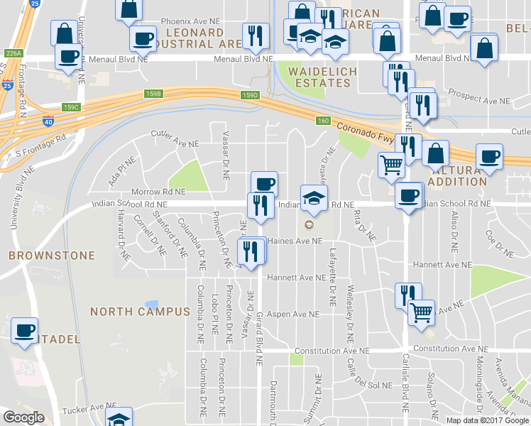 map of restaurants, bars, coffee shops, grocery stores, and more near 1530 Girard Boulevard Northeast in Albuquerque