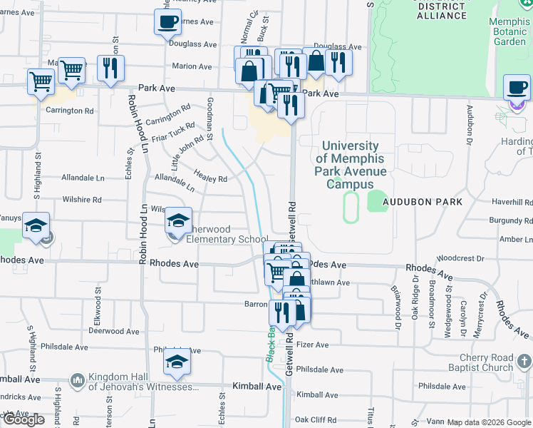 map of restaurants, bars, coffee shops, grocery stores, and more near 1087 McEvers Road in Memphis