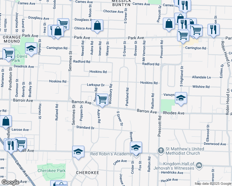 map of restaurants, bars, coffee shops, grocery stores, and more near 1107 South Greer Street in Memphis
