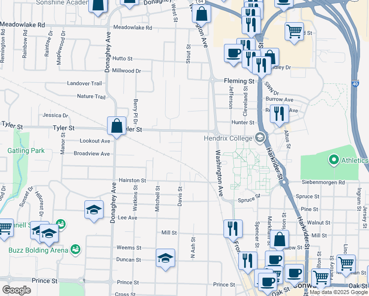 map of restaurants, bars, coffee shops, grocery stores, and more near 1633 Davis Street in Conway