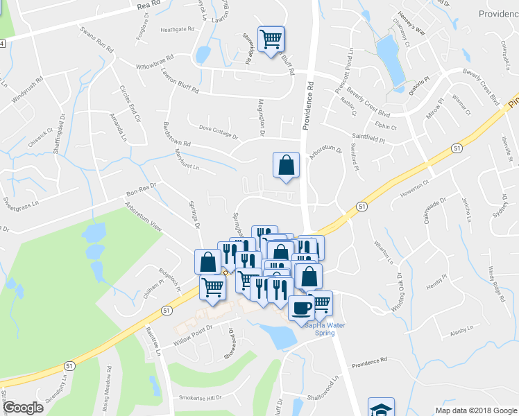 map of restaurants, bars, coffee shops, grocery stores, and more near 3135 Springbank Lane in Charlotte