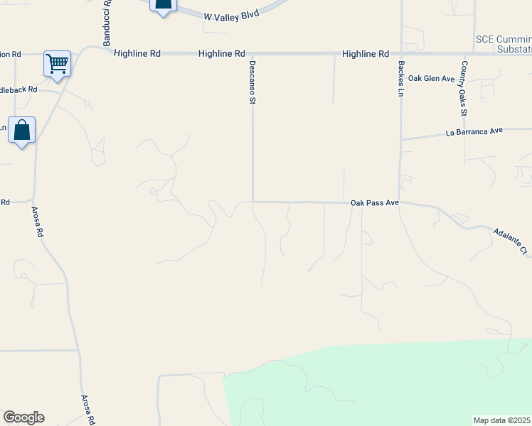 map of restaurants, bars, coffee shops, grocery stores, and more near Oak Pass Avenue in Tehachapi