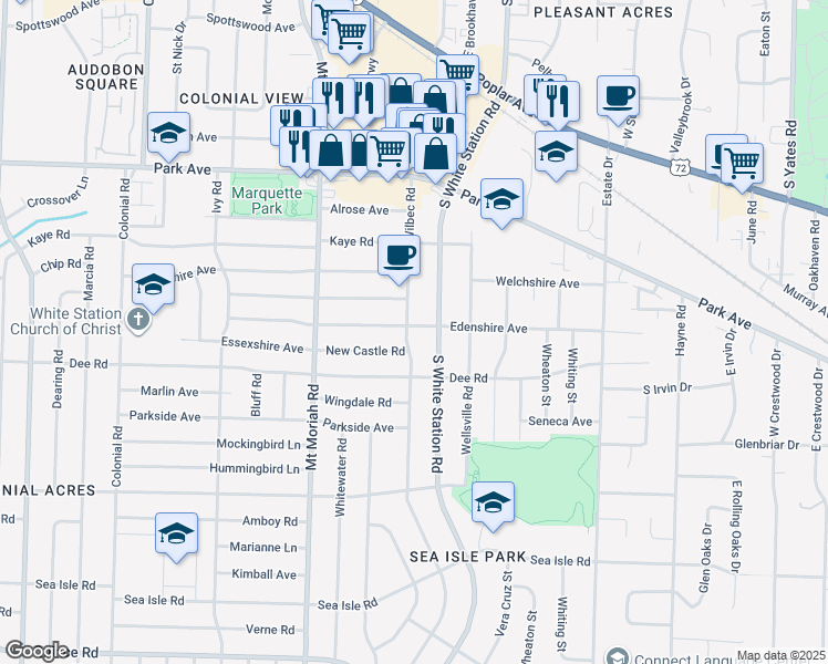 map of restaurants, bars, coffee shops, grocery stores, and more near 5103 Edenshire Avenue in Memphis