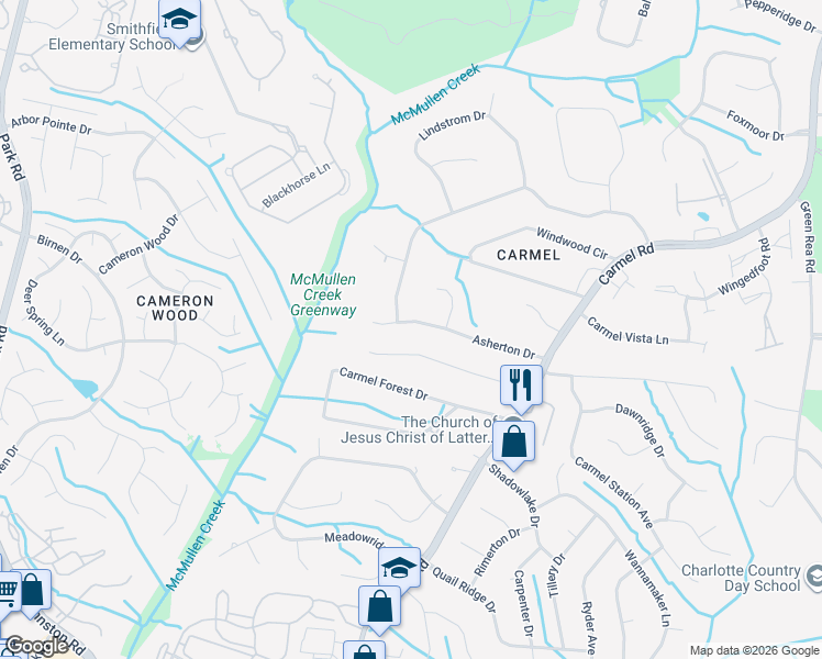 map of restaurants, bars, coffee shops, grocery stores, and more near 4208 Asherton Drive in Charlotte