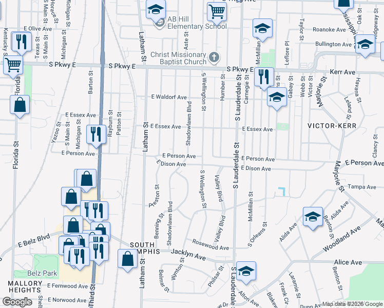 map of restaurants, bars, coffee shops, grocery stores, and more near 1670 Shadowlawn Boulevard in Memphis