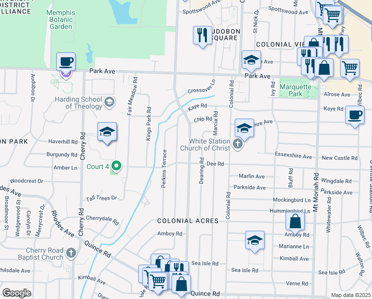 map of restaurants, bars, coffee shops, grocery stores, and more near 1101 South Perkins Road in Memphis