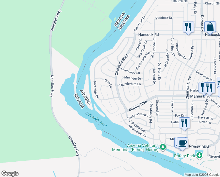 map of restaurants, bars, coffee shops, grocery stores, and more near 1935 Orca Ln in Bullhead City